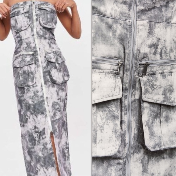 NWT ZARA 100% Cotton Strapless Printed Cargo Midi Dress Gray 2674/248 - Picture 9 of 10